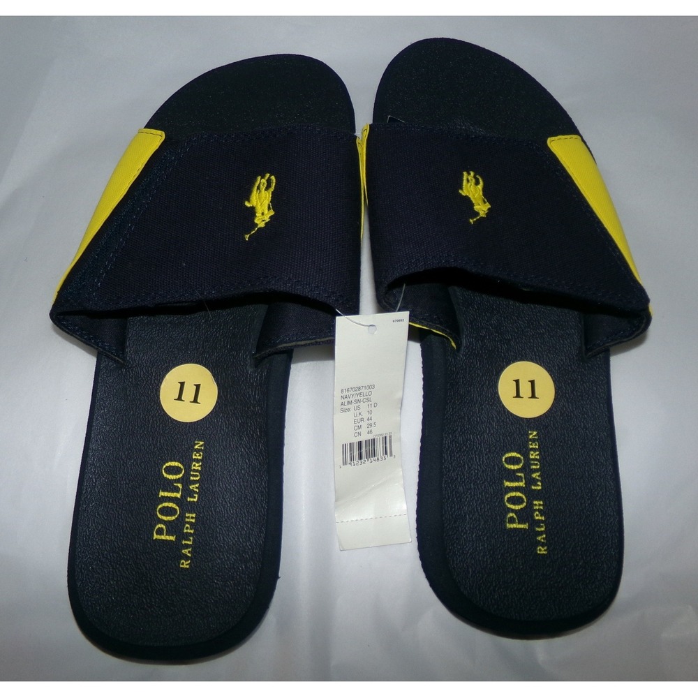 Polo Ralph Lauren Alim Navy Yellow Pony Logo Slide Sandals Mens 11 D New